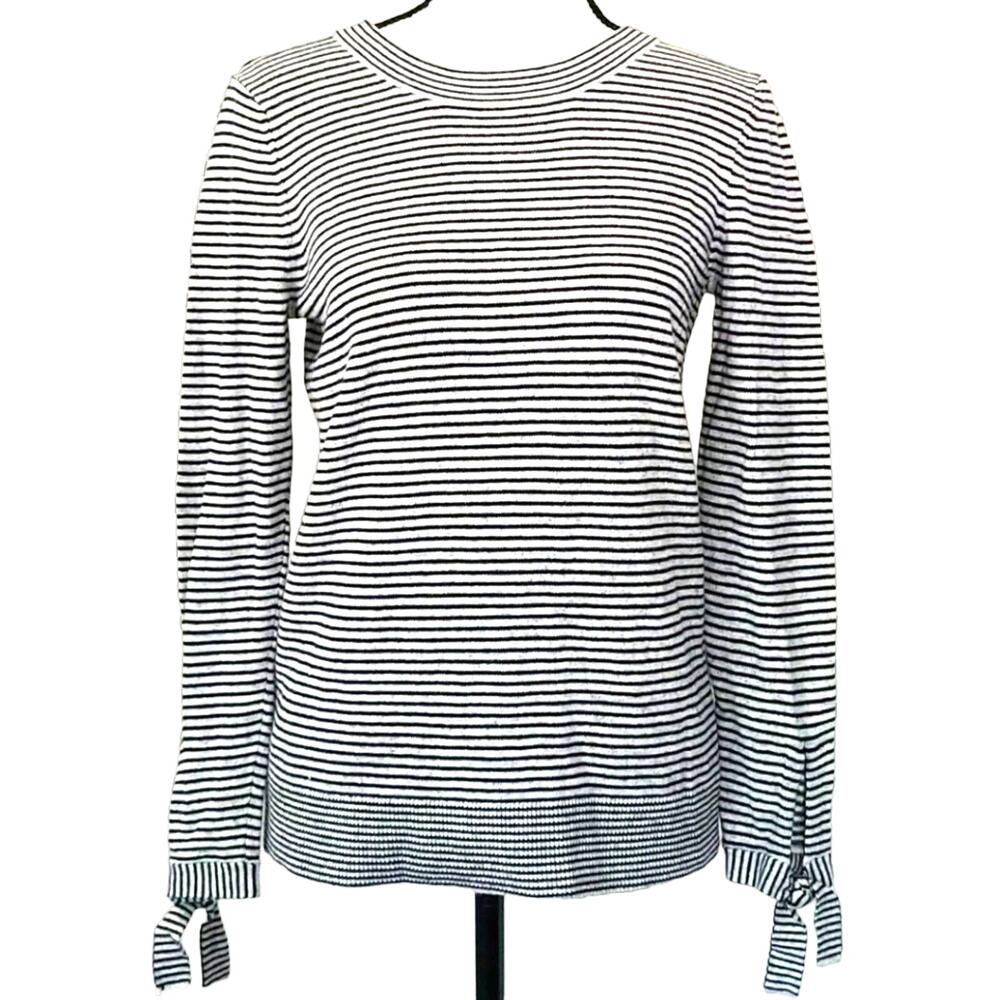 LOFT Sweater Women's XS Gray Navy Stripe Wool Blend Casual Preppy Classic Party
